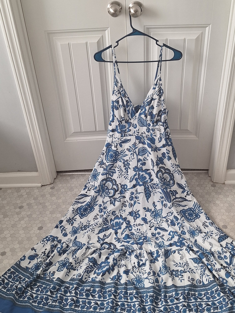 White & Blue Floral Spaghetti-Strap Maxi Dress